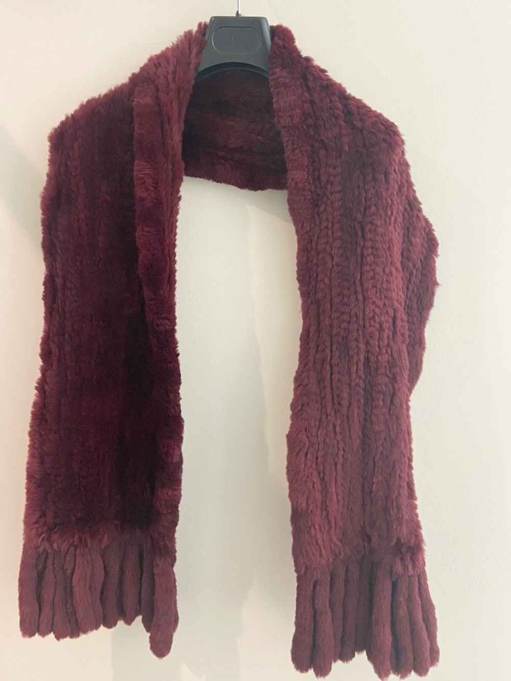 VINTAGE Holt Renfrew Real Woven Rabbit Fur Scarf Tassel Fringe Burgundy Red